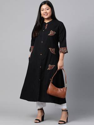 Black embroidered cotton long-kurtis 5