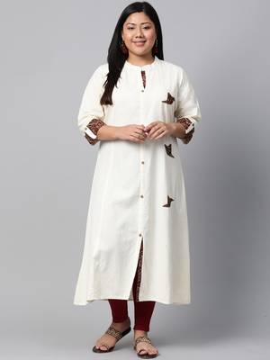 Off-white embroidered cotton long-kurtis 1