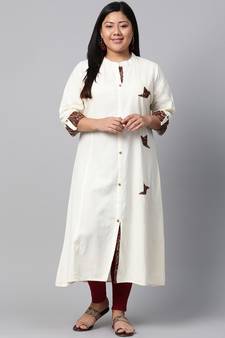 Off-white embroidered cotton long-kurtis