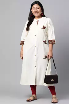 Off-white embroidered cotton long-kurtis