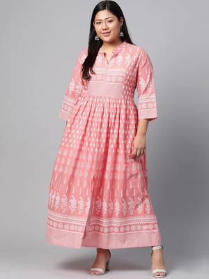 Pink printed cotton long-kurtis 1