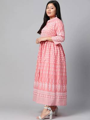 Pink printed cotton long-kurtis 2