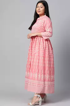 Pink printed cotton long-kurtis