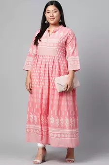 Pink printed cotton long-kurtis