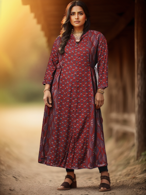 Maroon printed viscose rayon long-kurtis 1