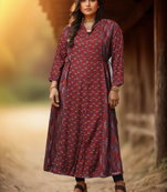 Maroon printed viscose rayon long-kurtis