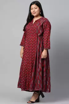 Maroon printed viscose rayon long-kurtis