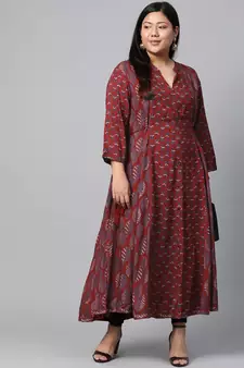 Maroon printed viscose rayon long-kurtis