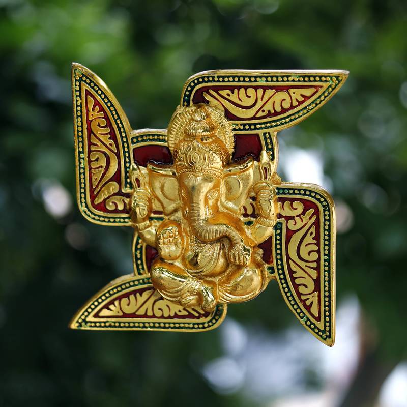 crafTycoon Golden Swastik Ganesha Metal Wall Hanging Decorative