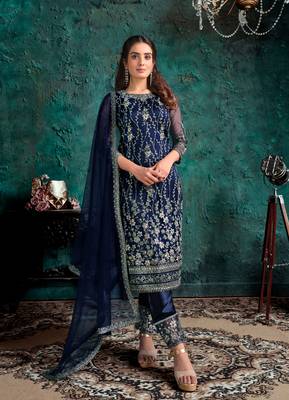 Navy-blue embroidered net salwar 3