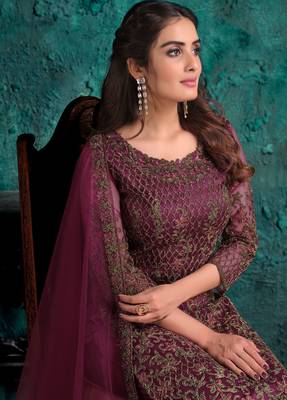 Wine embroidered net salwar 2