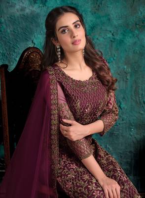 Wine embroidered net salwar 3