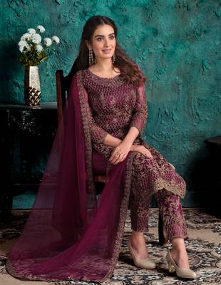 Wine embroidered net salwar 4