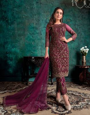 Wine embroidered net salwar 1