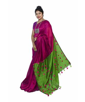 multicolor Cotton Silk designer_pallu Pompom Saree WithBlouse Pieces. 1