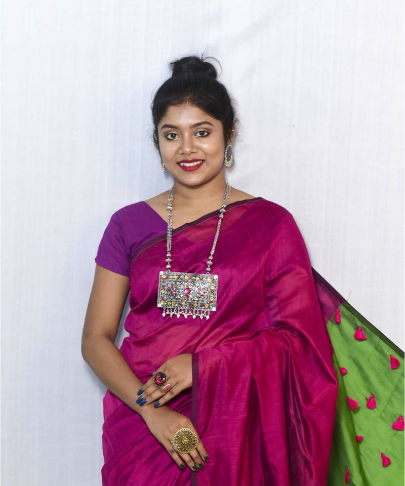 multicolor Cotton Silk designer_pallu Pompom Saree WithBlouse Pieces.