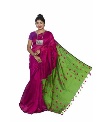 multicolor Cotton Silk designer_pallu Pompom Saree WithBlouse Pieces. 3