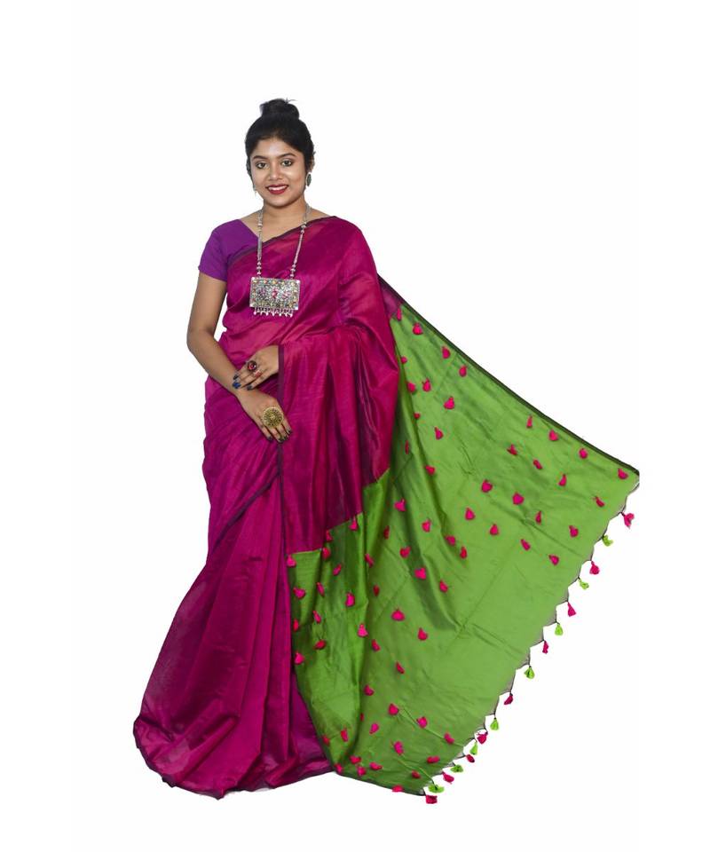 multicolor Cotton Silk designer_pallu Pompom Saree WithBlouse Pieces.