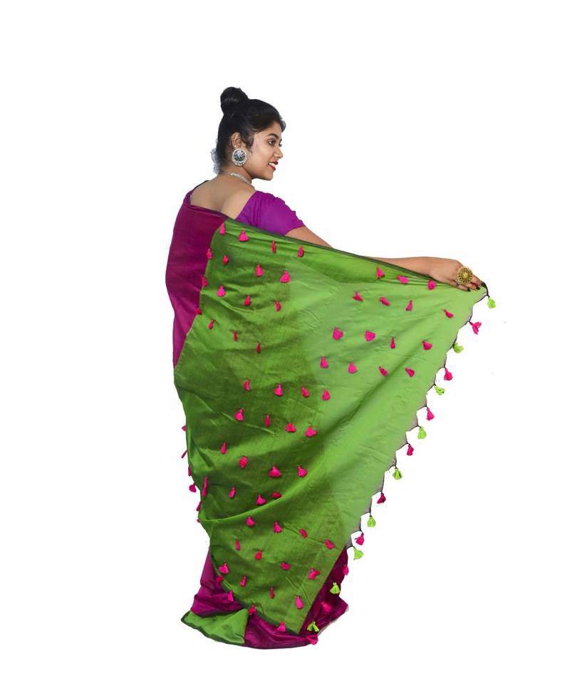 multicolor Cotton Silk designer_pallu Pompom Saree WithBlouse Pieces.