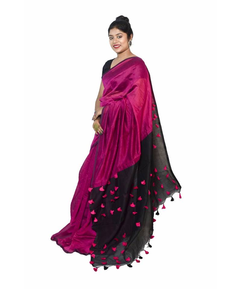 multicolor Cotton Silk designer_pallu Pompom Saree WithBlouse Pieces.