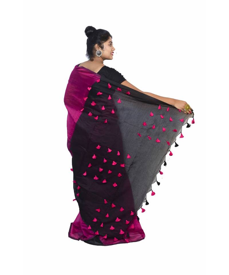 multicolor Cotton Silk designer_pallu Pompom Saree WithBlouse Pieces.