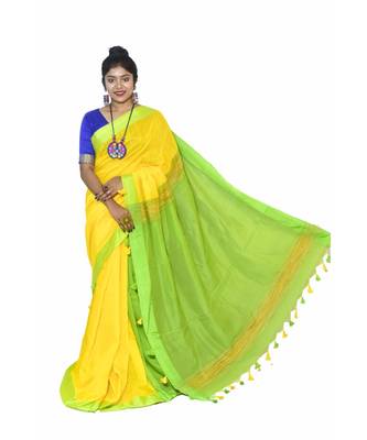 multicolor Cotton Silk Plain Handloom Saree With Blouse Pieces. 1