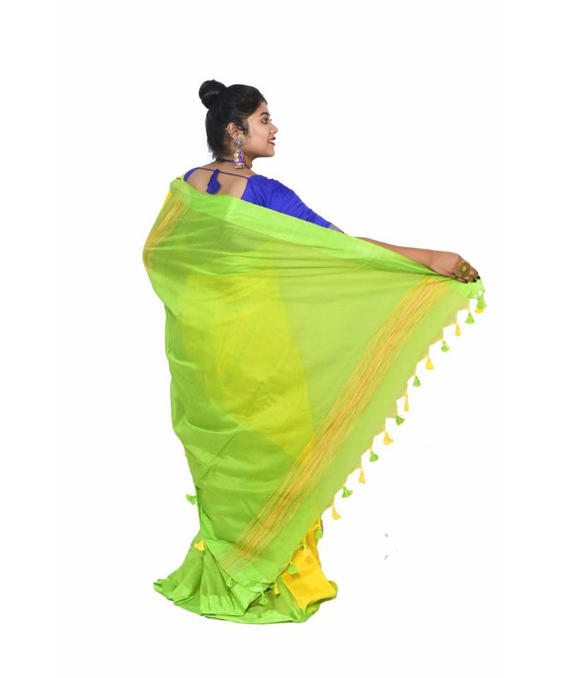 multicolor Cotton Silk Plain Handloom Saree With Blouse Pieces.