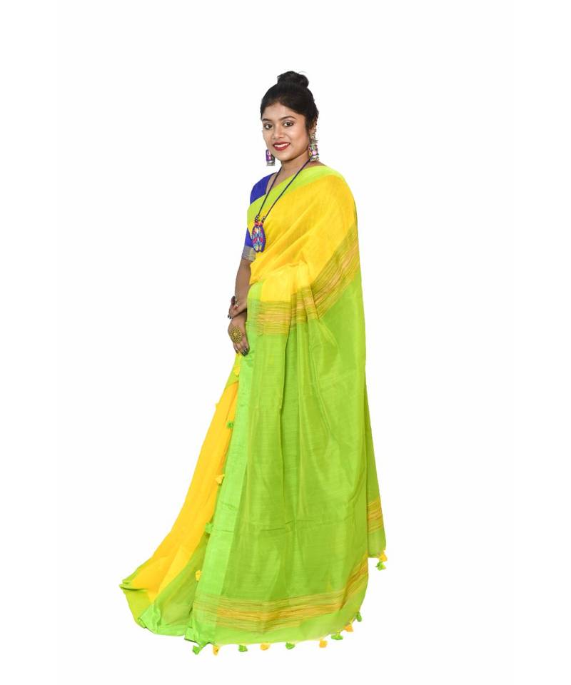 multicolor Cotton Silk Plain Handloom Saree With Blouse Pieces.
