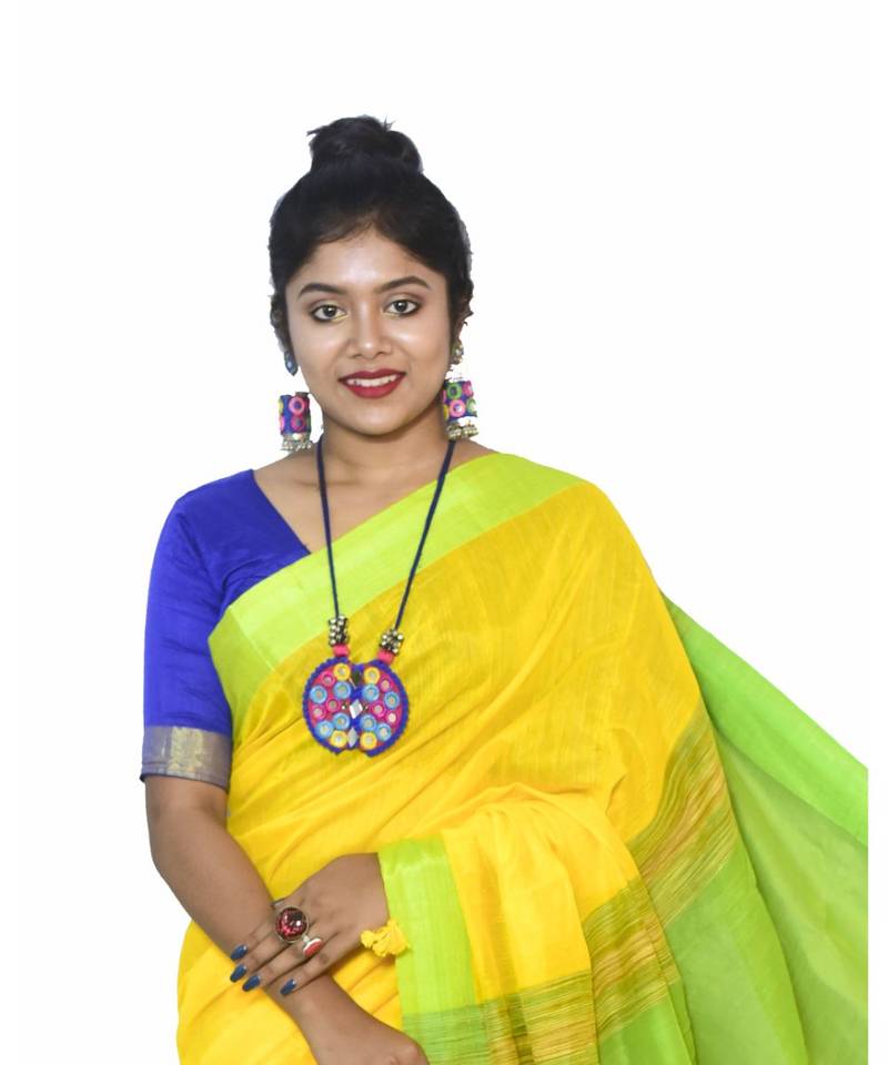 multicolor Cotton Silk Plain Handloom Saree With Blouse Pieces.