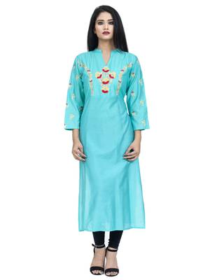 Ethnic Girls Embroidered Cyan Chanderi Kurta 1