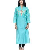 Ethnic Girls Embroidered Cyan Chanderi Kurta