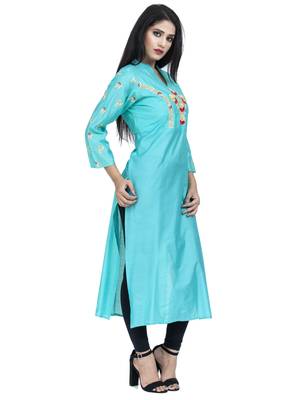 Ethnic Girls Embroidered Cyan Chanderi Kurta 2