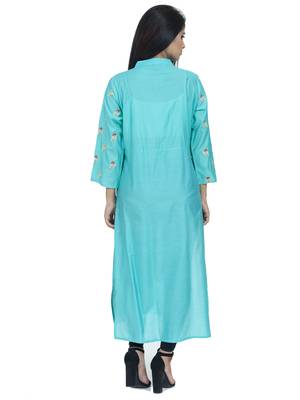 Ethnic Girls Embroidered Cyan Chanderi Kurta 3