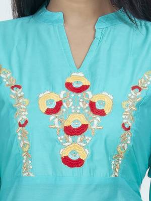 Ethnic Girls Embroidered Cyan Chanderi Kurta 4
