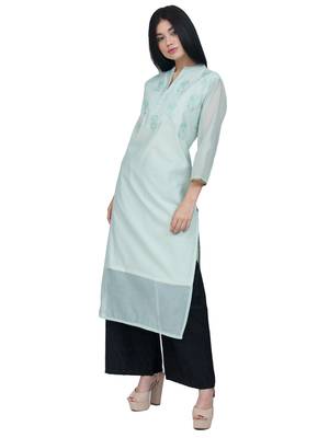 Ethnic Girls Green Chanderi Silk Kurta with Embroidery 2