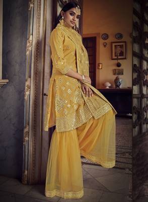 Mustard embroidered organza salwar 1