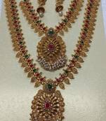 Fashions Traditional Wedding Jewellery Gold Plated Long Necklace Set Temple Jewellery For Women.