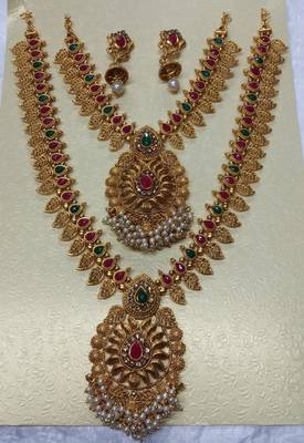 Fashions Traditional Wedding Jewellery Gold Plated Long Necklace Set Temple Jewellery For Women. 2