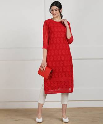 Red embroidered georgette chikankari-kurtis 1