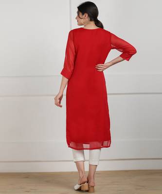 Red embroidered georgette chikankari-kurtis 2