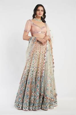 Attractive Peach sequins, dori and thread embroidered net Semi Stitched wedding Lehenga 1