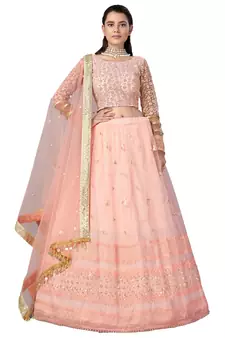 Peach embroidered net semi stitched wedding lehenga
