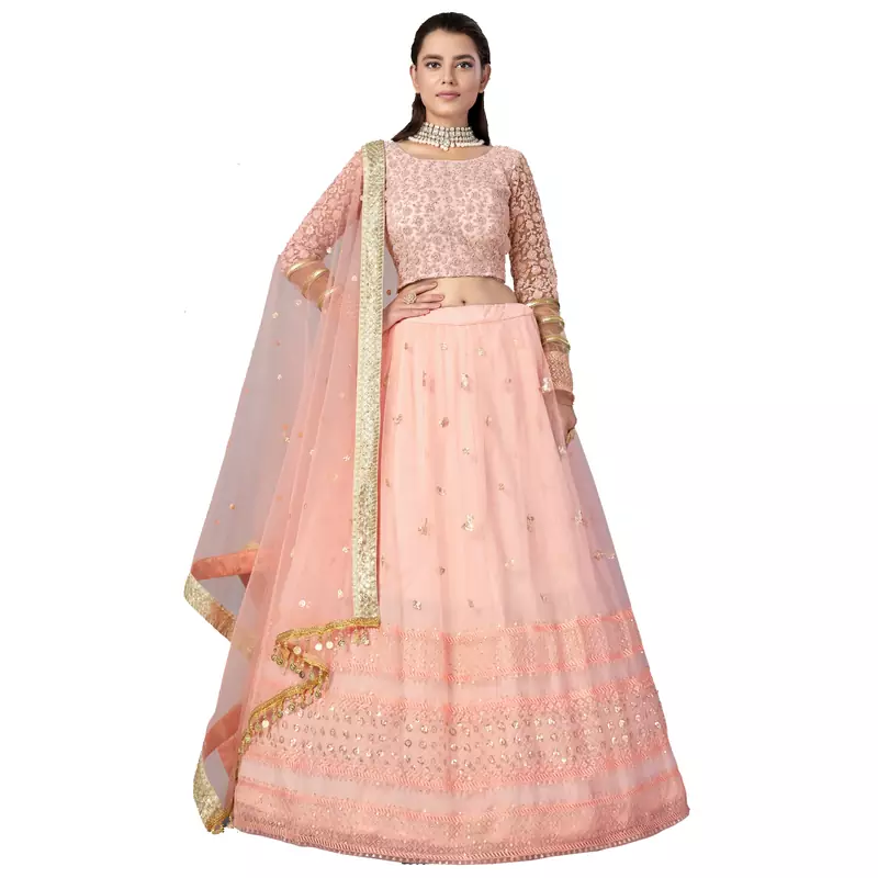 Peach embroidered net semi stitched wedding lehenga