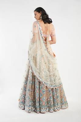 Attractive Peach sequins, dori and thread embroidered net Semi Stitched wedding Lehenga 2