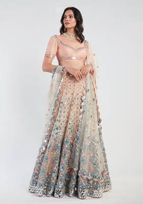 Attractive Peach sequins, dori and thread embroidered net Semi Stitched wedding Lehenga 3