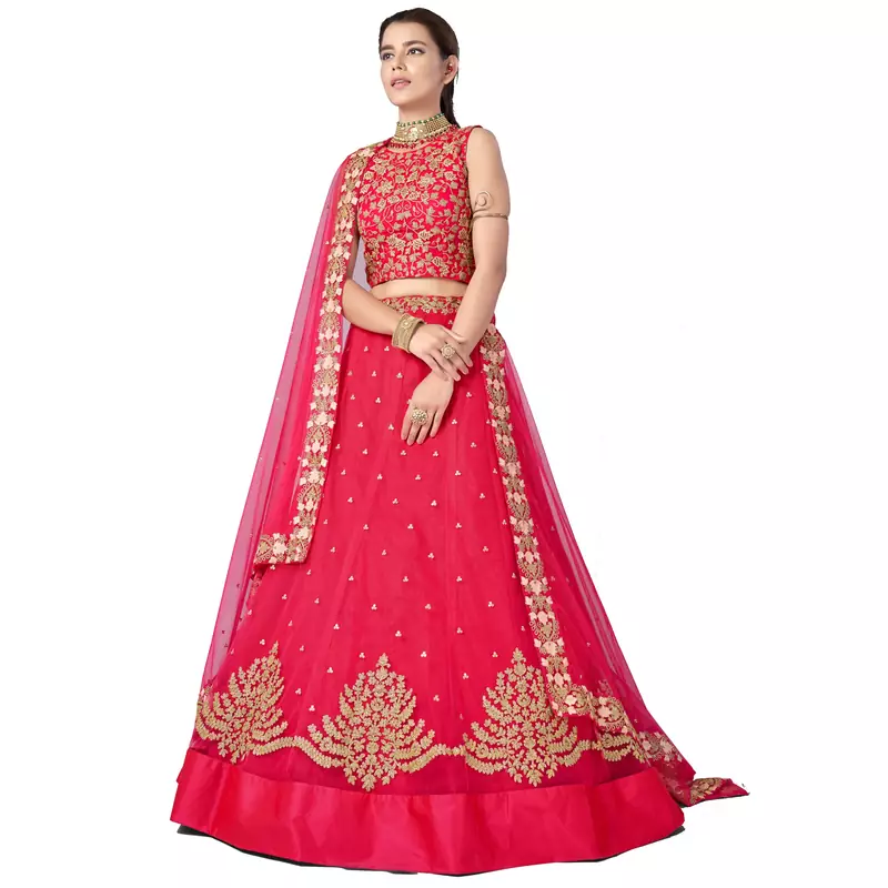 Pink embroidered net semi stitched wedding lehenga