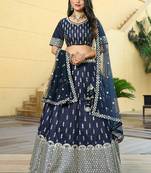 Navy Blue Zari And Sequins Embroidered Art Silk Semi Stitched Lehenga Choli For Wedding