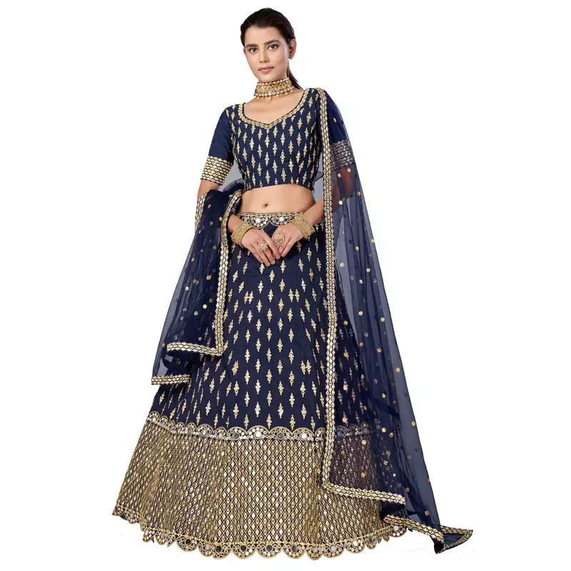 Navy blue zari and sequins embroidered art silk semi stitched lehenga choli for wedding