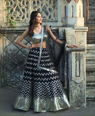 Mesmerizing Black zari and sequins embroidered with mirror work georgette Semi Stitched Lehenga choli for women 1