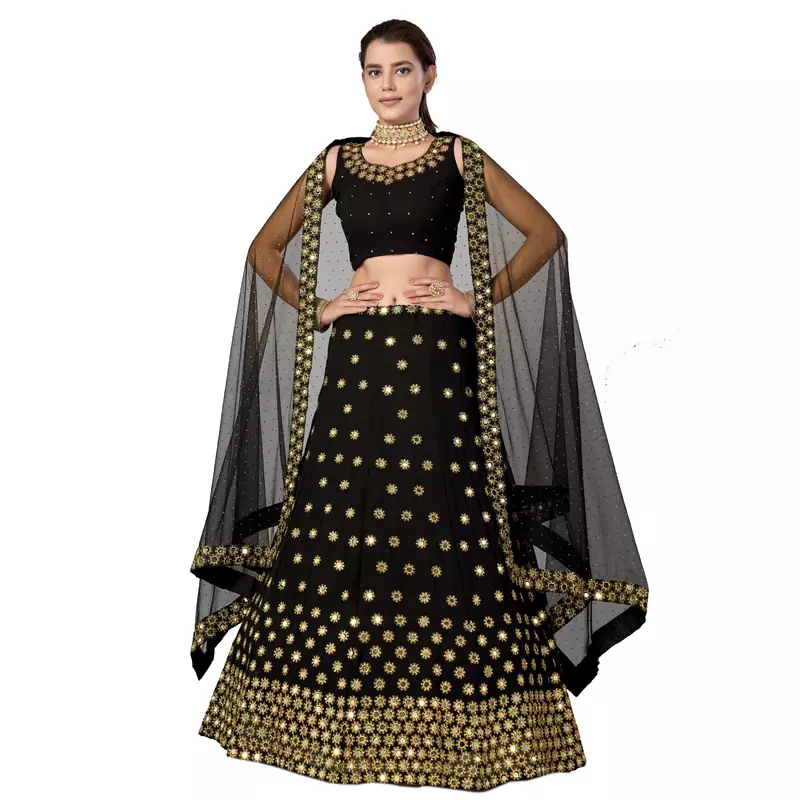 Black embroidered georgette semi stitched wedding lehenga